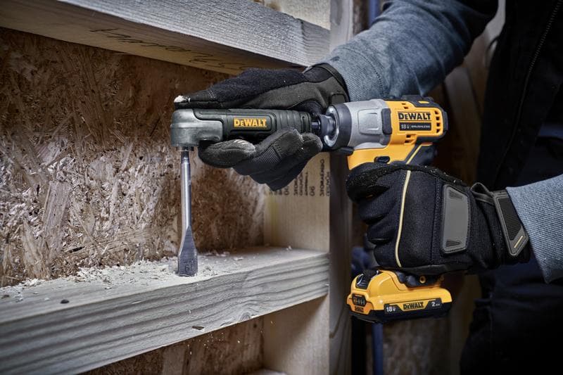 Person drills wood using a DEWALT DT20500 drill attachment and cordless driver.
