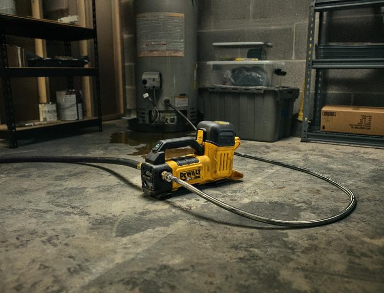 DEWALT DCE050N photography category tool sits on a workshop floor, attached to hose, surrounded by shelves.